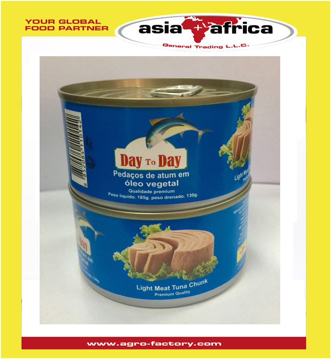 Product image - Tuna Chunk in Soya Oil 
Packing : 160 gm X 48 Pcs
Packing : 185 gm X 48 Pcs 
Packing : 90gm X 48 Pcs
Origin : Thailand 
Brand : Day To Day 
Price $ 38 To $ 48/carton 160 gm X 48 Pcs
